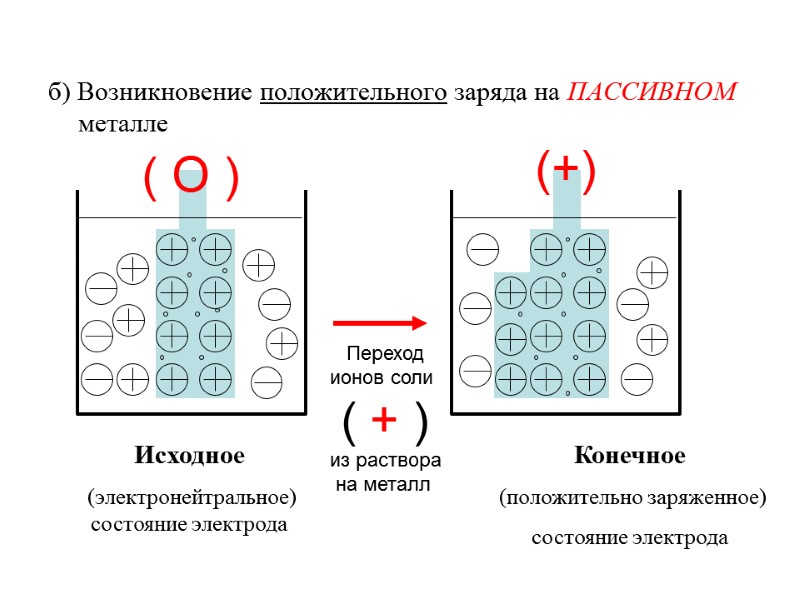 б) Возникновение положительного заряда на ПАССИВНОМ металле  Исходное  (электронейтральное) состояние электрода Конечное